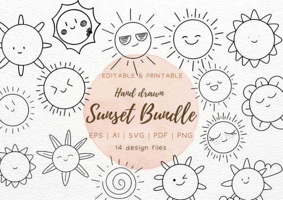 Sunset Sun SVG Bundle, Doodle Sun Design: Elevating Creative Projects with Whimsical Line Art